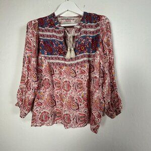 Lucky Brand Womens Paisley Boho Peasant Blouse Medium Long Sleeve Tassel Tie